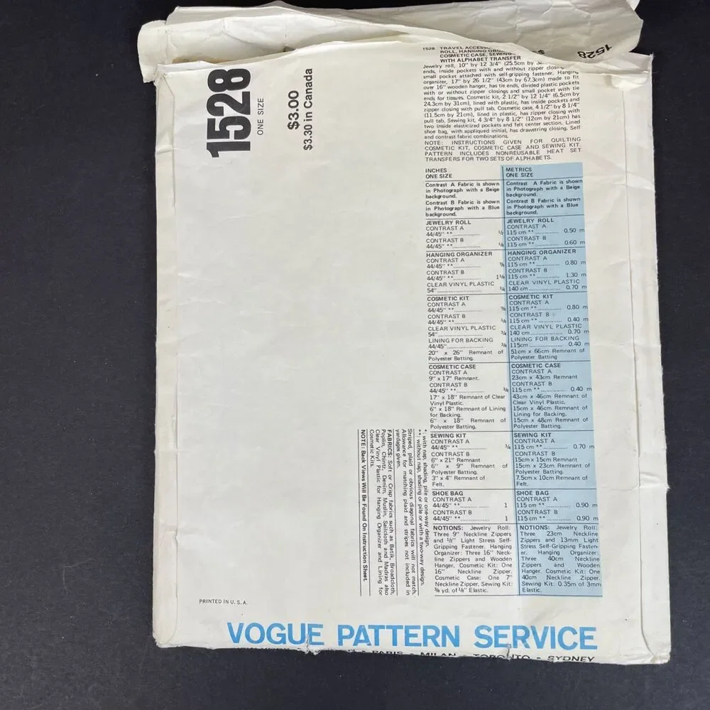 Vintage Vogue Patterns Crafts Organizer Sewing Kit Shoe Bag Uncut Pattern 1528